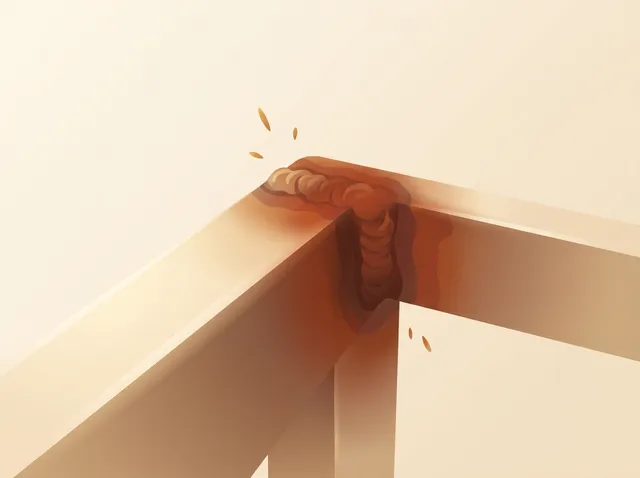 An illustrated close-up of a mitred steel bracket corner with a fresh weld seam.
