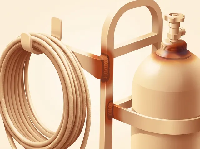 A stylised illustration of a coiled welding lead beside a bottle-and-cart silhouette.